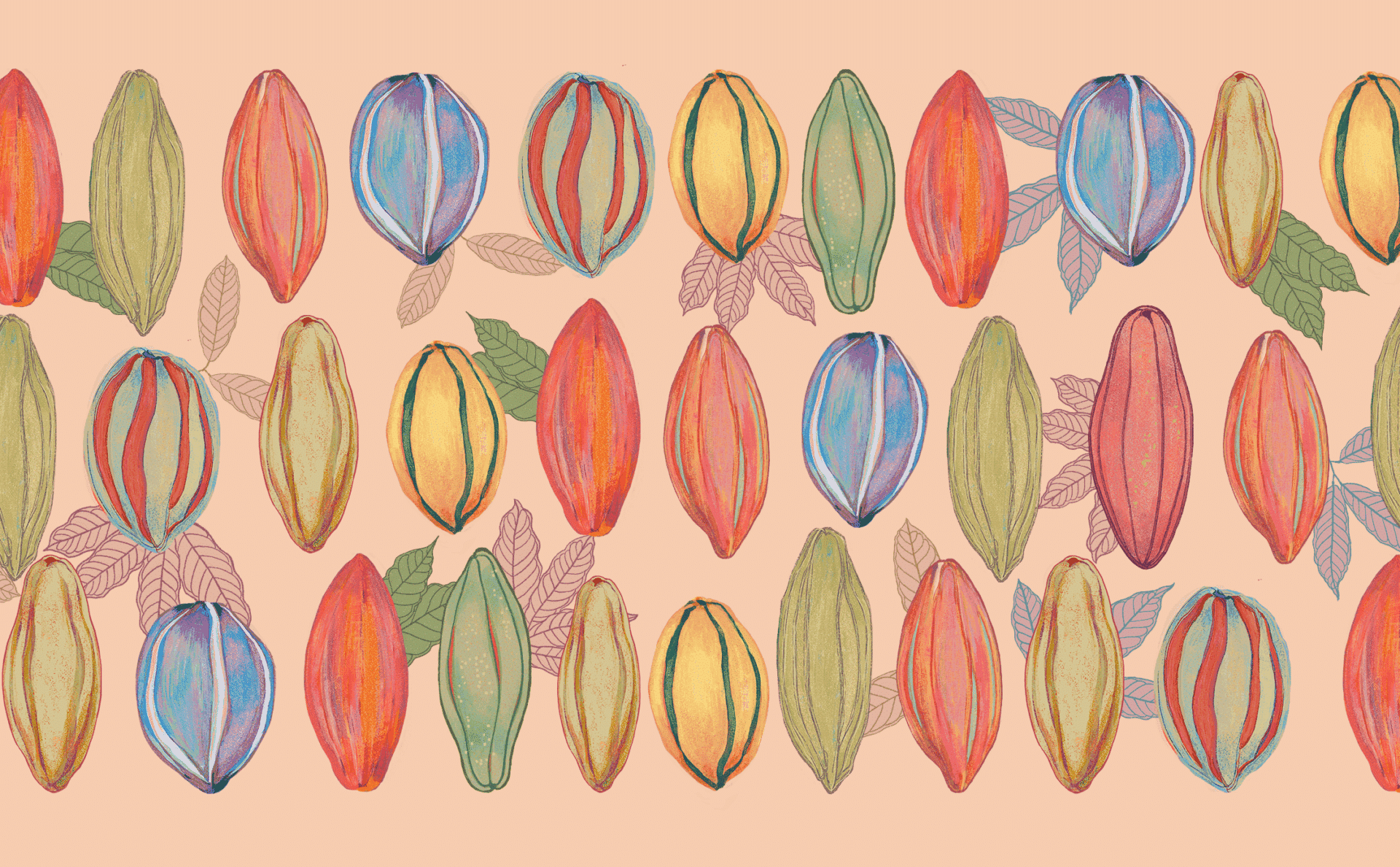 Colorful Choco Pods – mönsterdesign med färgrika former, digital surface pattern design by Dani Milli