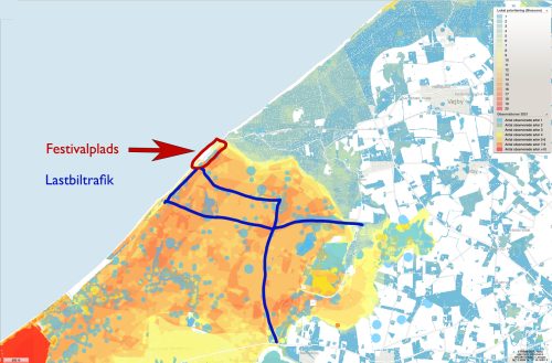 Festivalplads og lasbilstrafik indtegnet på Biodiversitetskortet © Miljøministeriet 