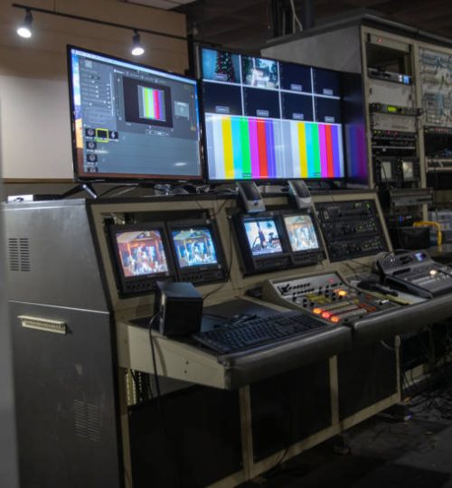 An empty control room of studio with monitors