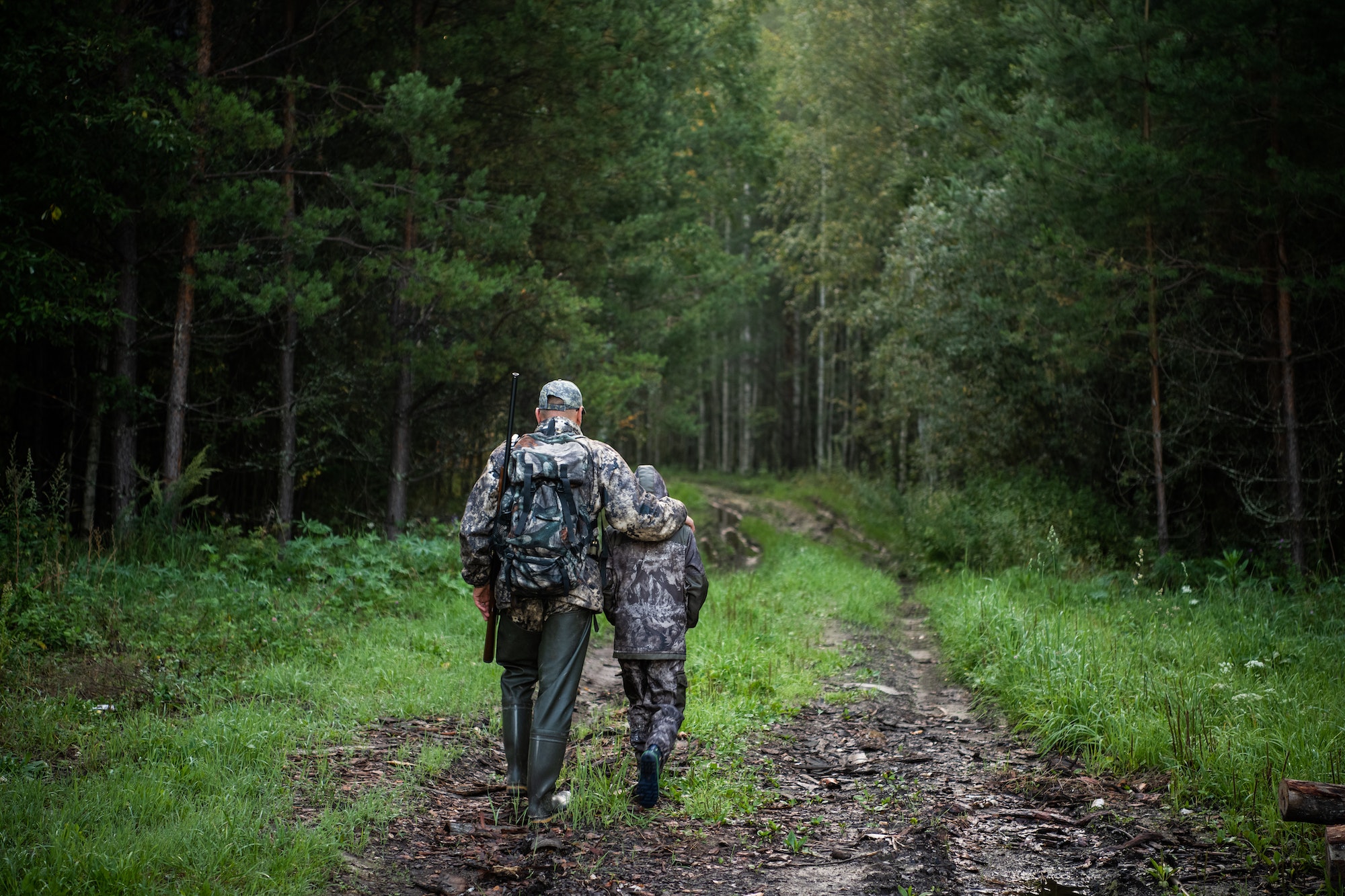 Hunters with hunting equipment going away through rural forest at sunrise during hunting season in
