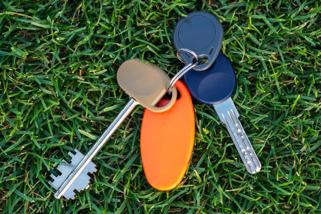 Key link on the grass. Horizontal photo