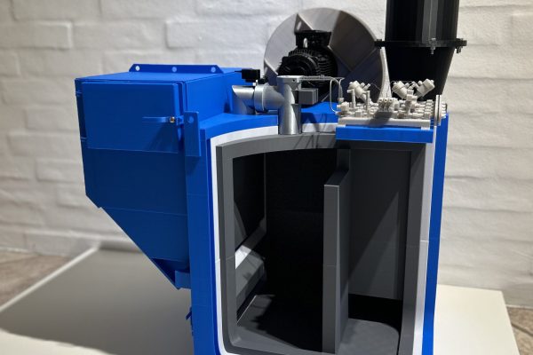 3D-printet incinerator model til visualisering af affaldsforbrænding og industrielle processer