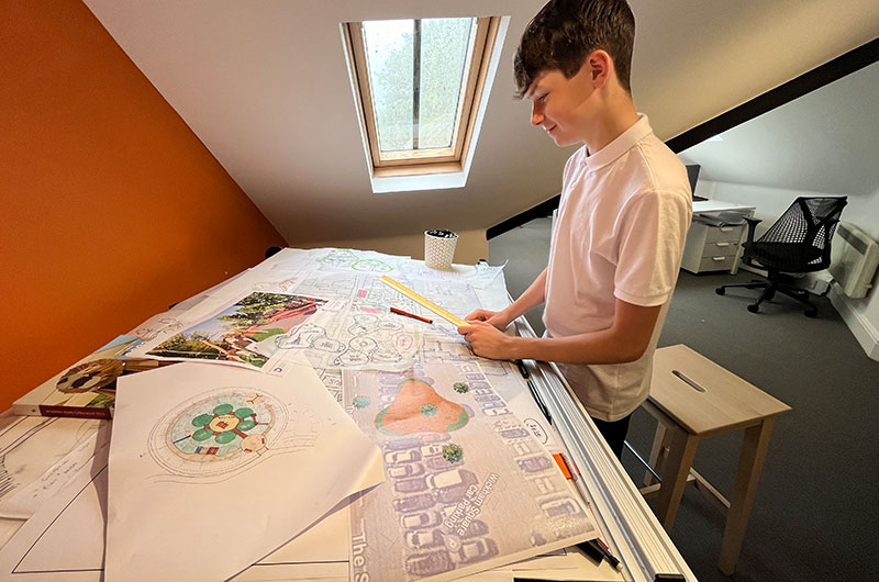 Oscar ayt the drawing board, Landscape Architecture work experience at Deacon Design