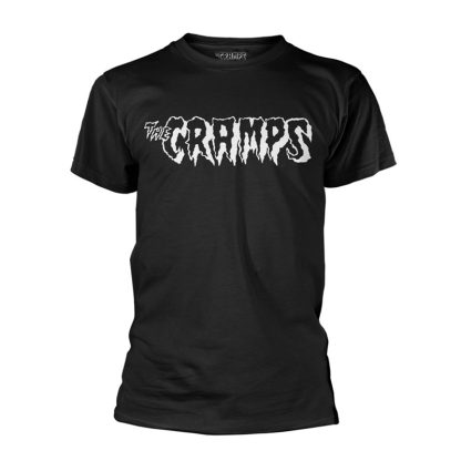 THE CRAMPS White Logo design in a black t-shirt