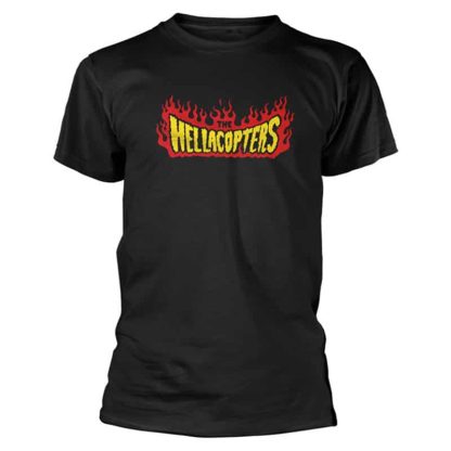 Black t-shirt with Hellacopters text in flames logo
