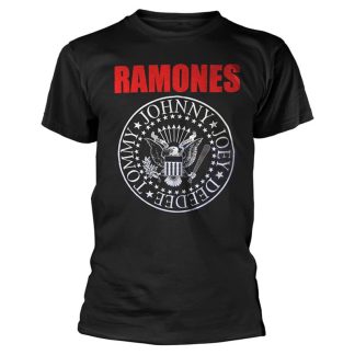 RAMONES Red Text Seal Logo design in a black t-shirt