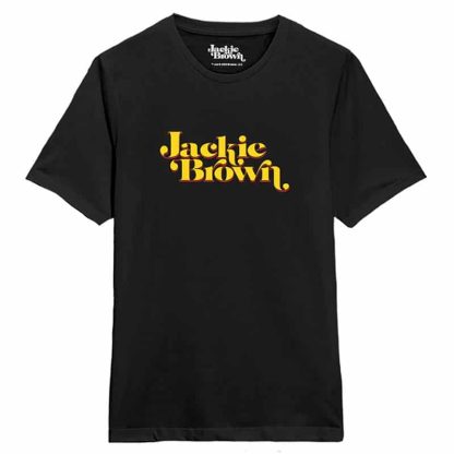 JACKIE BROWN Yellow logo design in a black t-shirt