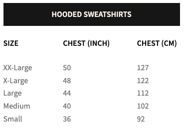 Size Chart Hooded Sweatshirts