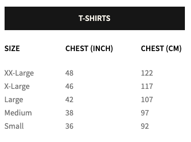 Size Chart T-SHIRTS