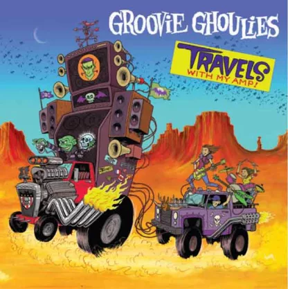 GROOVIE GHOULIES Travels With My Amp album in LP format on a blue and green galaxy effect vinyl.