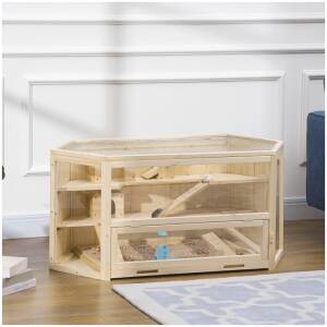 Häkki pienille eläimille rampilla, keinu, irrotettava lattiapannu, kuusi, luonnollinen