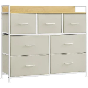 Lipasto, jossa on 7 kangaslaatikkoa, 98 x 28,5 x 85 cm, Beige / Tammiväri