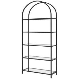 Kirjahylly kaarimuotoilulla – metallirunko ja lasihyllyt – 5 tasoa – musta – 183,5 × 83 × 30,2 cm