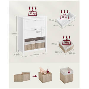 Kylpyhuonekaappi, jossa 2 laatikkoa ja 2 rottinkikoria – valkoinen, 60 x 30 x 80 cm