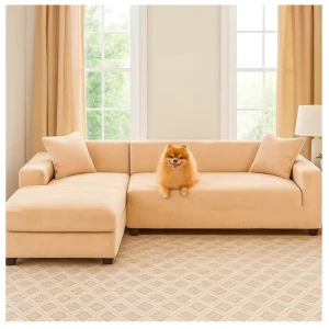 Päällinen kulmasohvalle, universaali koko beige 190–230 cm, joustava veluuri, vedenpitävä