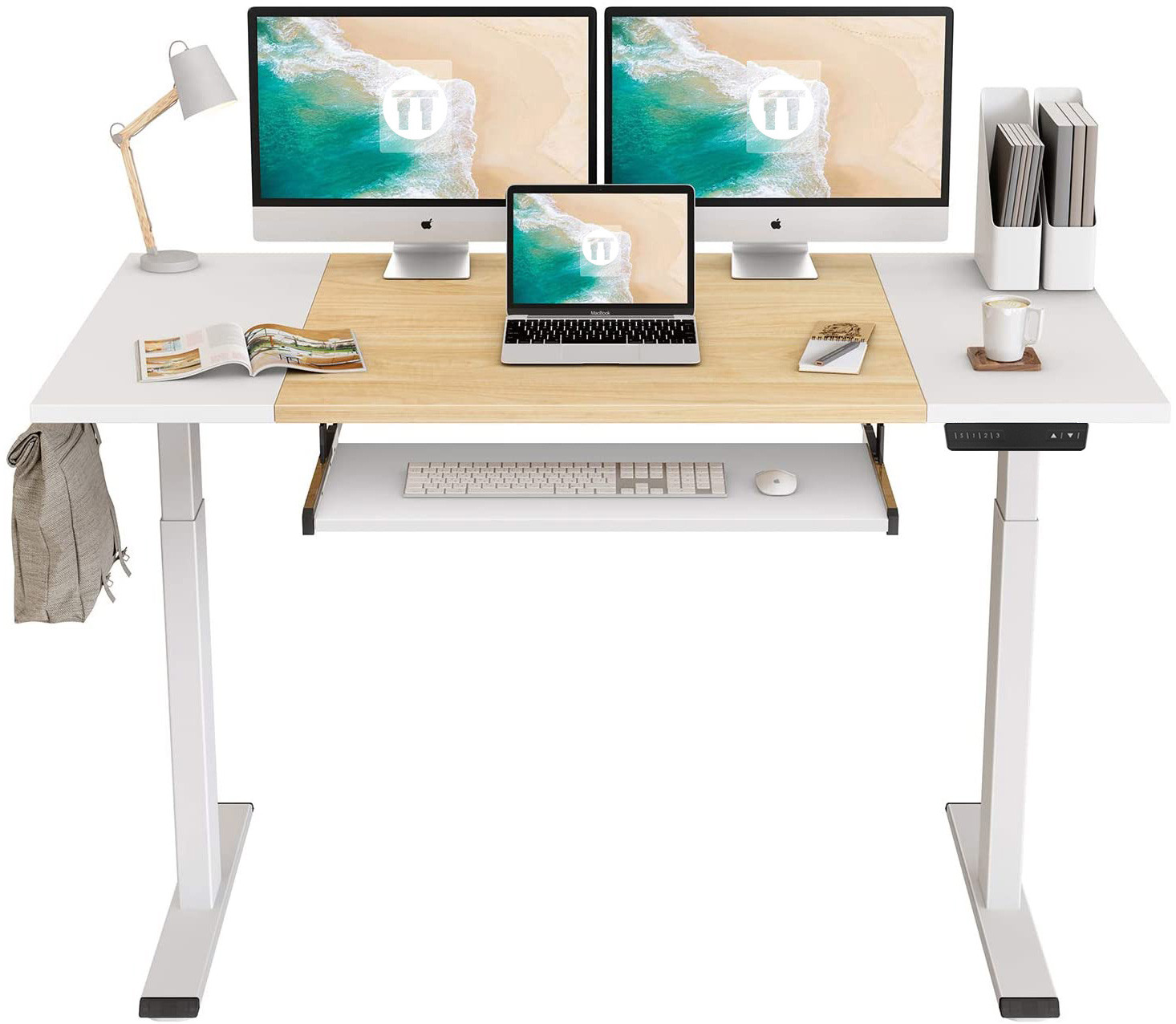 Zit/sta bureau verhogen en verlagen met geheugenfunctie Wit / eiken Met  toetsenbord 120x60 cm - Dealproffsen.nl