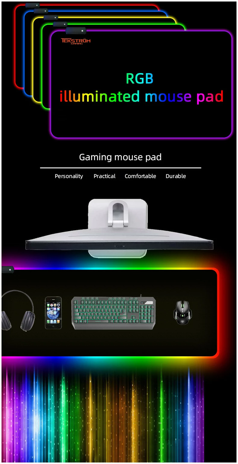 RGB Gaming musematte med belysning XXL 80x30 cm Tekström - Dealproffsen.no