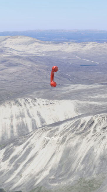 alexandra crouwers still image from NGMI, 2022, red emergency phone horn hovering over an icy landscape, subtitled 'inaudible'