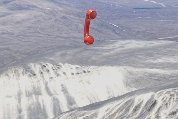 alexandra crouwers still image from NGMI, 2022, red emergency phone horn hovering over an icy landscape, subtitled 'inaudible'