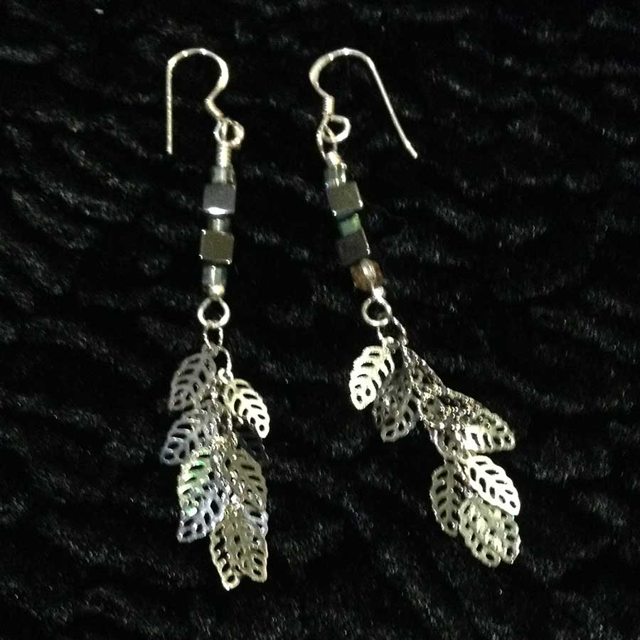 Earrings: Hematite Cubes With Silver Leaf Drop Earrings