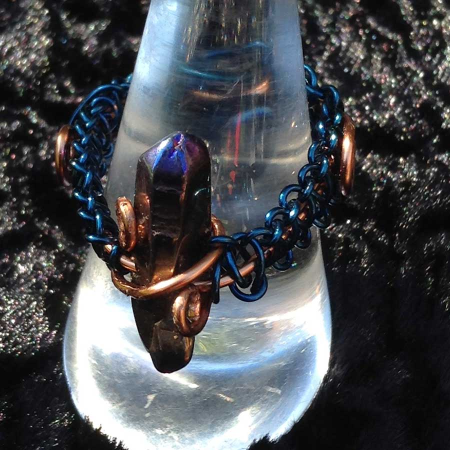 Ring: Rainbow Coloured Quartz Wire Wrapped Ring In Copper & Blue Wire