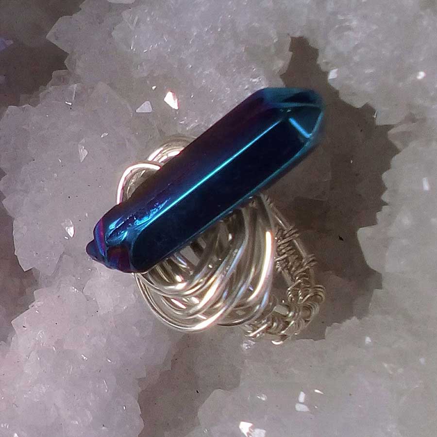 Ring: Blue Rainbow Coloured Quartz Wire Wrapped Ring In Silver