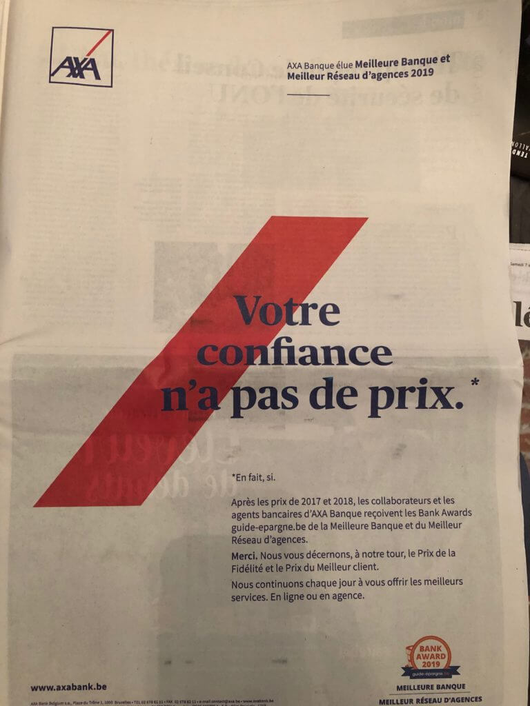 Un copy print pour la presse belge pour AXA Banquer élue meilleure banque et réseau d’agences 2019.