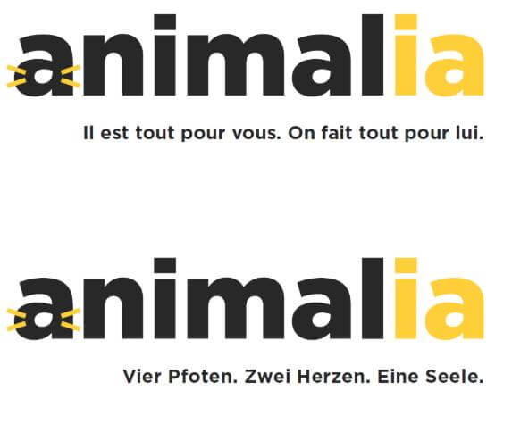 logo et baseline de la marque suisse Animalia pour chiens et chats