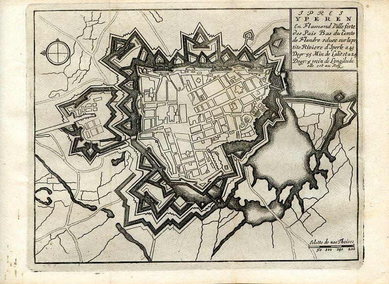 La ville d'Ypres, plan des fortifications, gravure ancienne, 1743