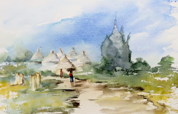 Aquarelle paysage au village