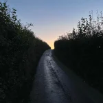 A dark country lane between hedges with the light of the sunrise behind the hilltop in the background.