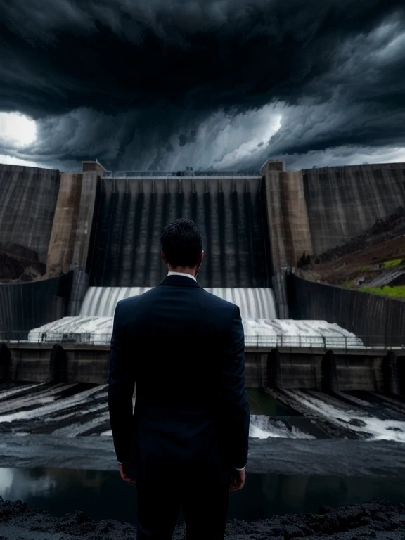 A man dressed in a suit standing in front of a huge dam with a dark, brooding sky in the background.