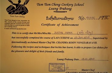 Luang Prabang Cookery School Certificate Frank During