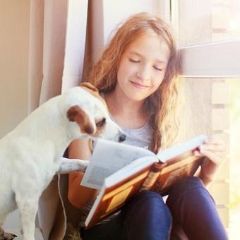 Lernverhalten von Hunden. Ein Mädchen liest ein Buch auf der Fensterbank mit ihrem Hund.