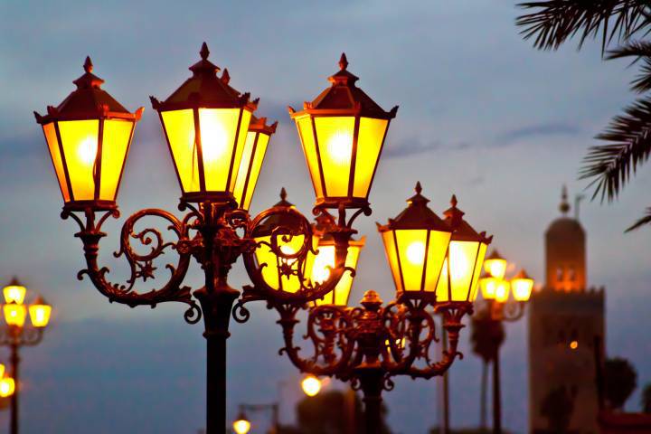 Street lights in Marrakesh with Koutoubia Mosque