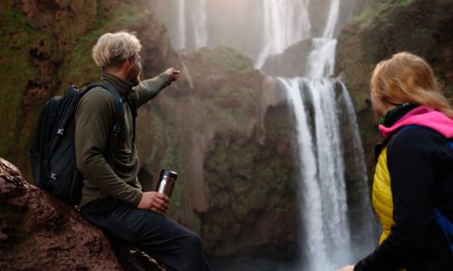 Adventurer couple near Ouzoud waterfall in Morocco.