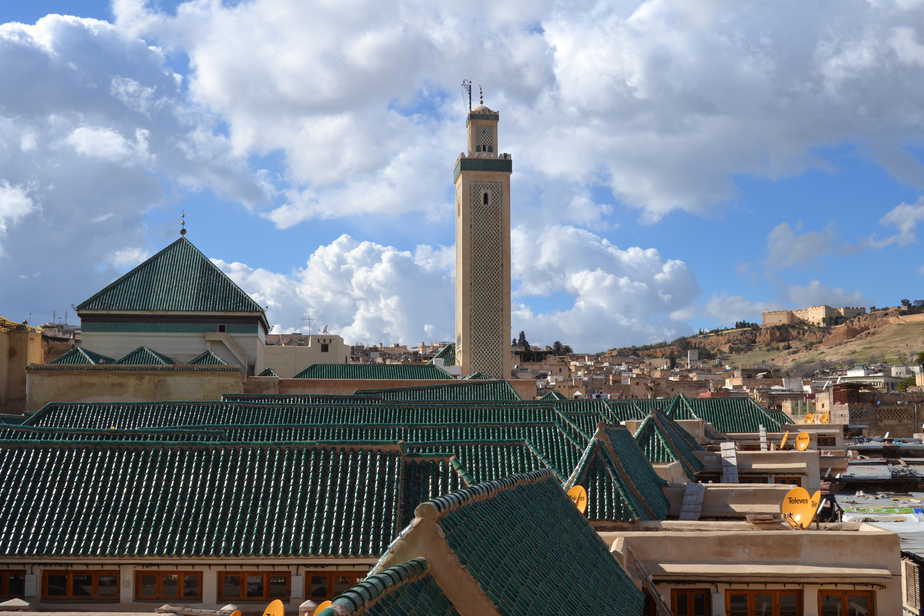  De daken in de medina met uitzicht op de stad Fez, Marokko