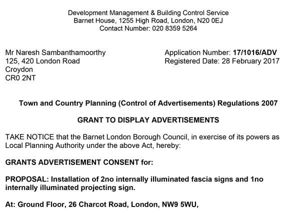 Barnet Planning Approval letter