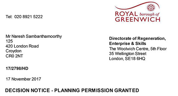 Greenwich Planning Approval letter