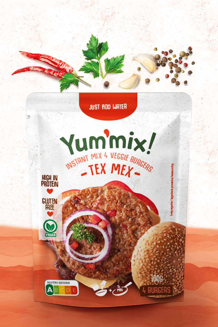 Yum'mix, veggie burger mix, Tex Mex pack shot
