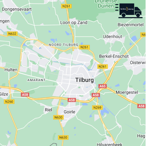 Kaart van Tilburg. Frietwagen huren in Tilburg werkgebied en frietkar met logo