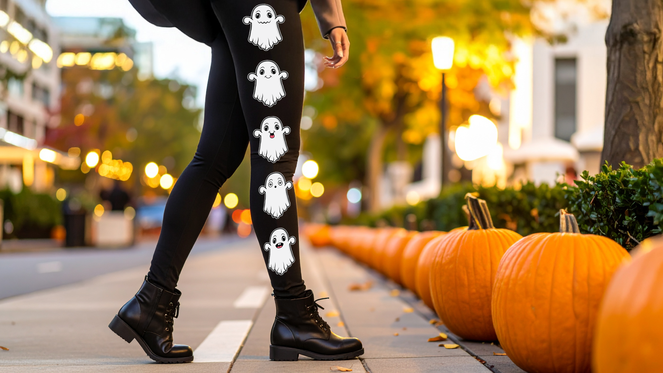 Cute Ghosts On Black Leggings Design By Destei