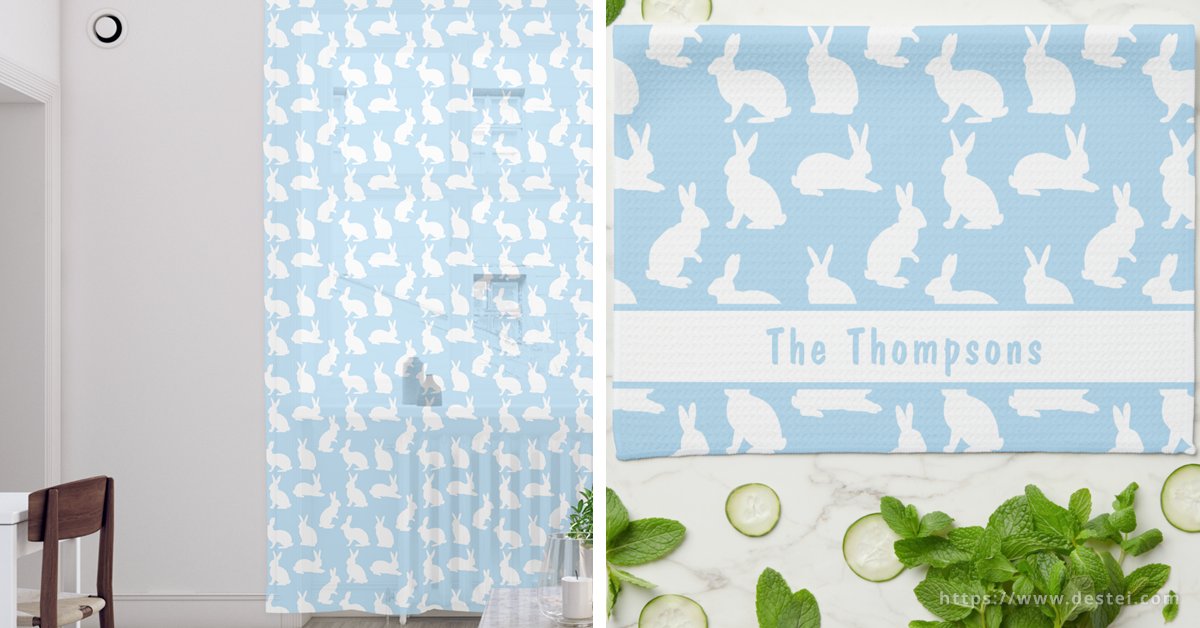 Blue_And_White_Bunny_Silhouette_Curtains_And_Kitchen_Towel_Design_By_Destei