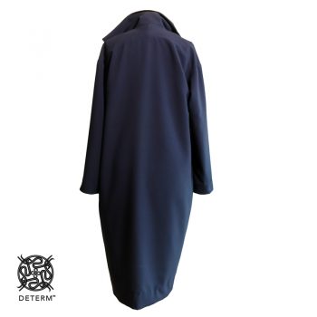 Mila blue polyester coat seen from the back.