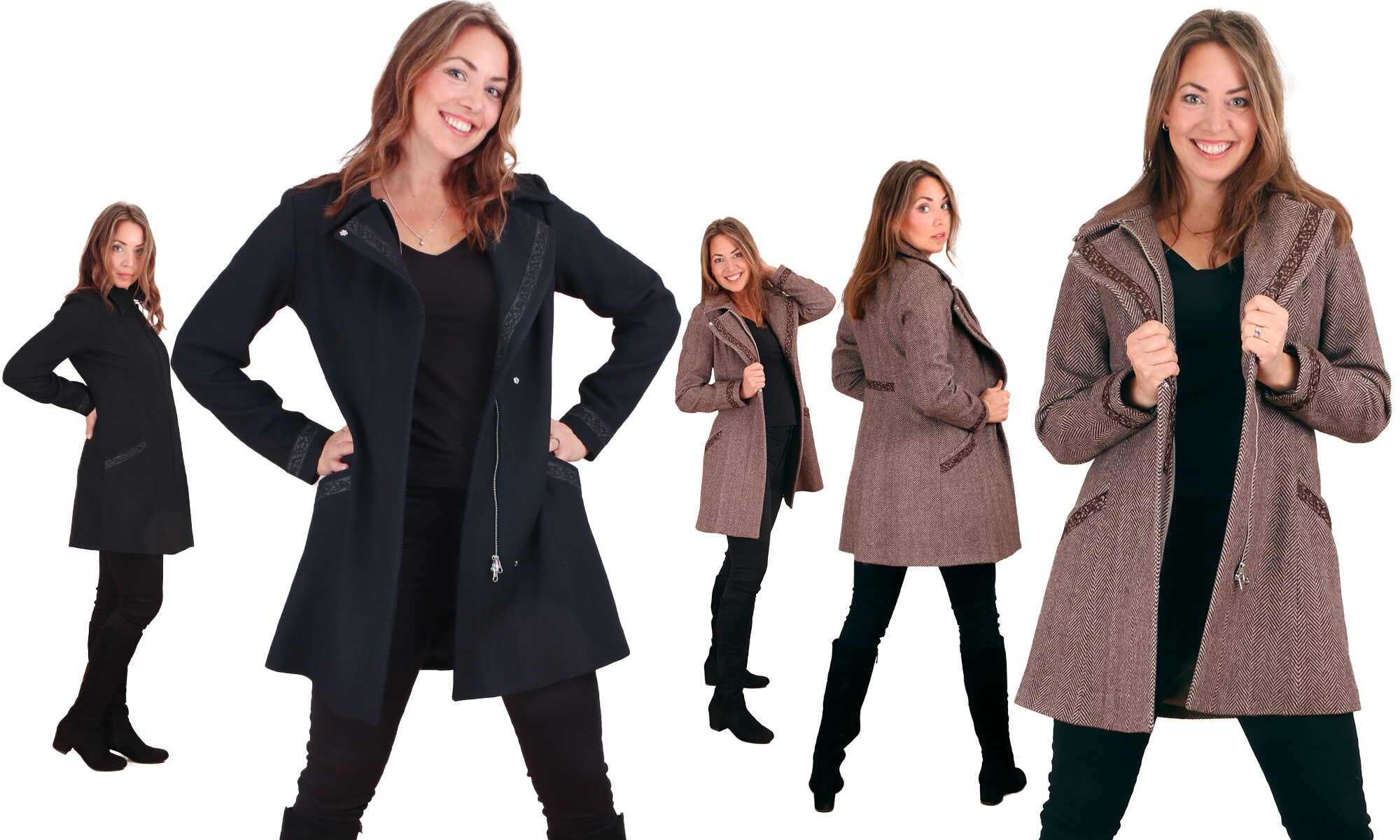 Buy black wool coat with reflective details, buy brown herringbone coat with reflective with embroidery.
