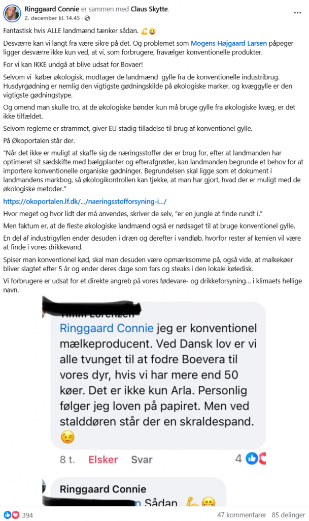 Facebook-opslag fra Connie Ringgaard om Bovaer