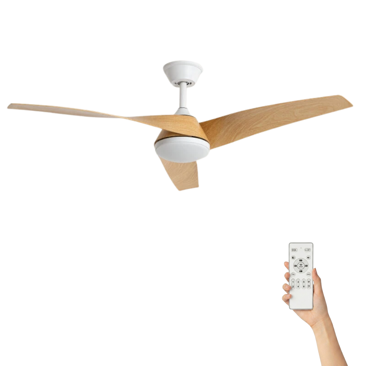 Fluisterstille plafondventilator Felix Ø132cm – Afstandsbediening Timer – Wit Hout