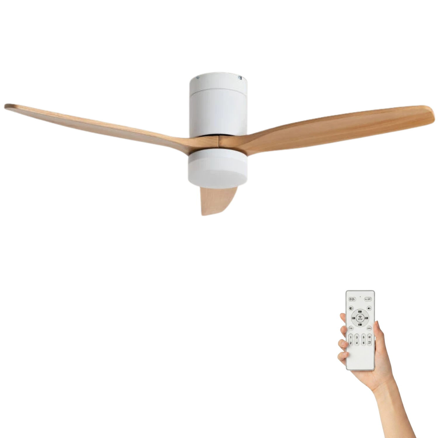 Fluisterstille plafondventilator Filip Ø132cm – Afstandsbediening Timer – Wit Licht Hout