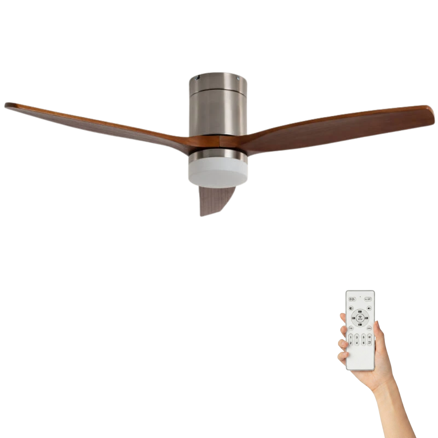Fluisterstille plafondventilator Filip Ø132cm – Afstandsbediening Timer – Nikkel Donker Hout