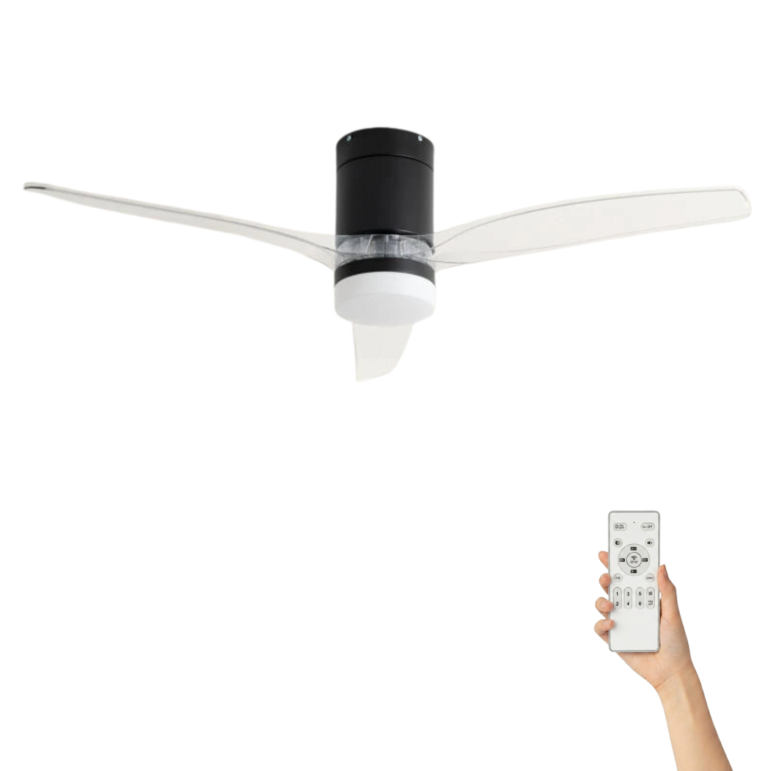 Fluisterstille plafondventilator Filip Ø132cm – Afstandsbediening Timer – Zwart Transparant